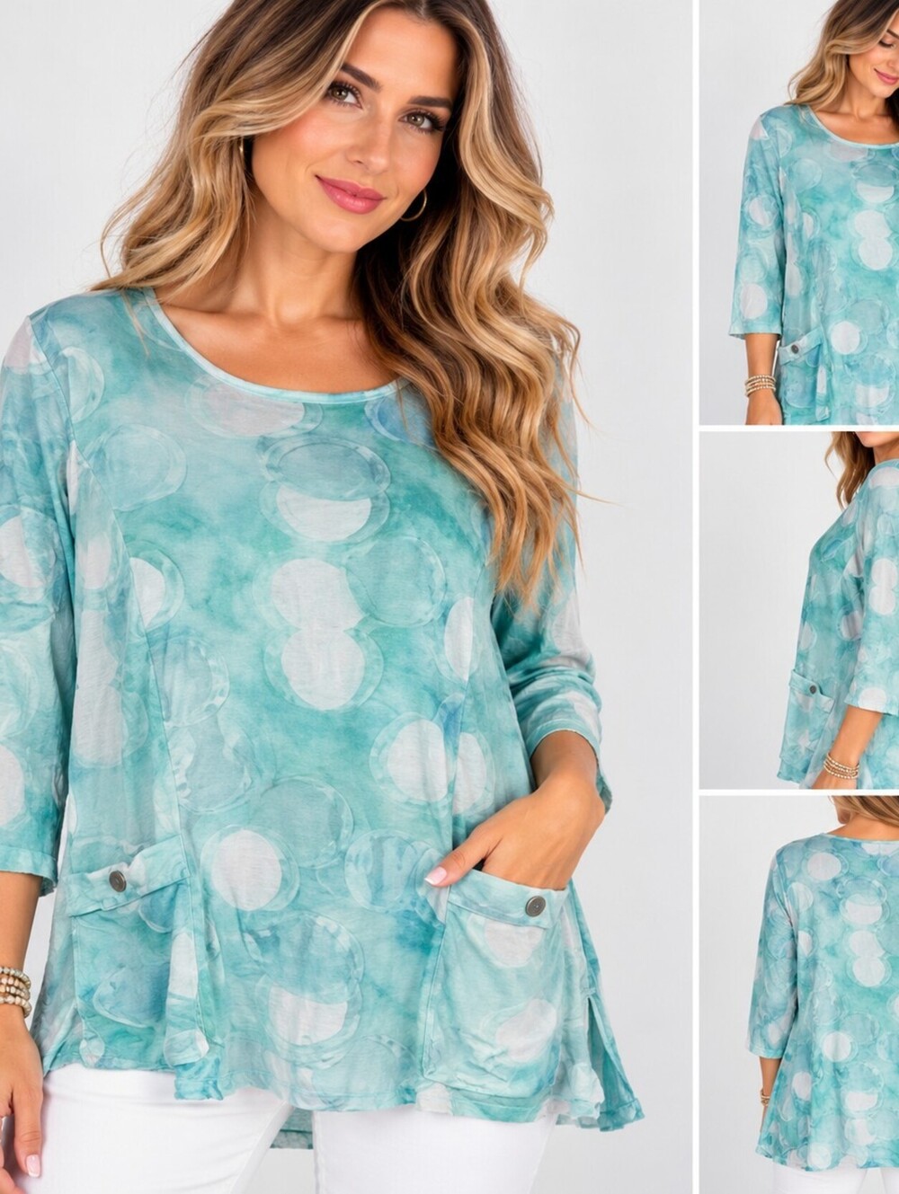 Ali Miles Teal Abstract Circle 3/4 Sleeve Tunic Top Medium Teal White Boutique